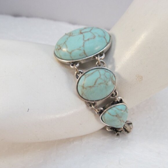 Faux Turquoise Link Bracelet Signed Fossil Size 7.5 - Picture 3 of 8